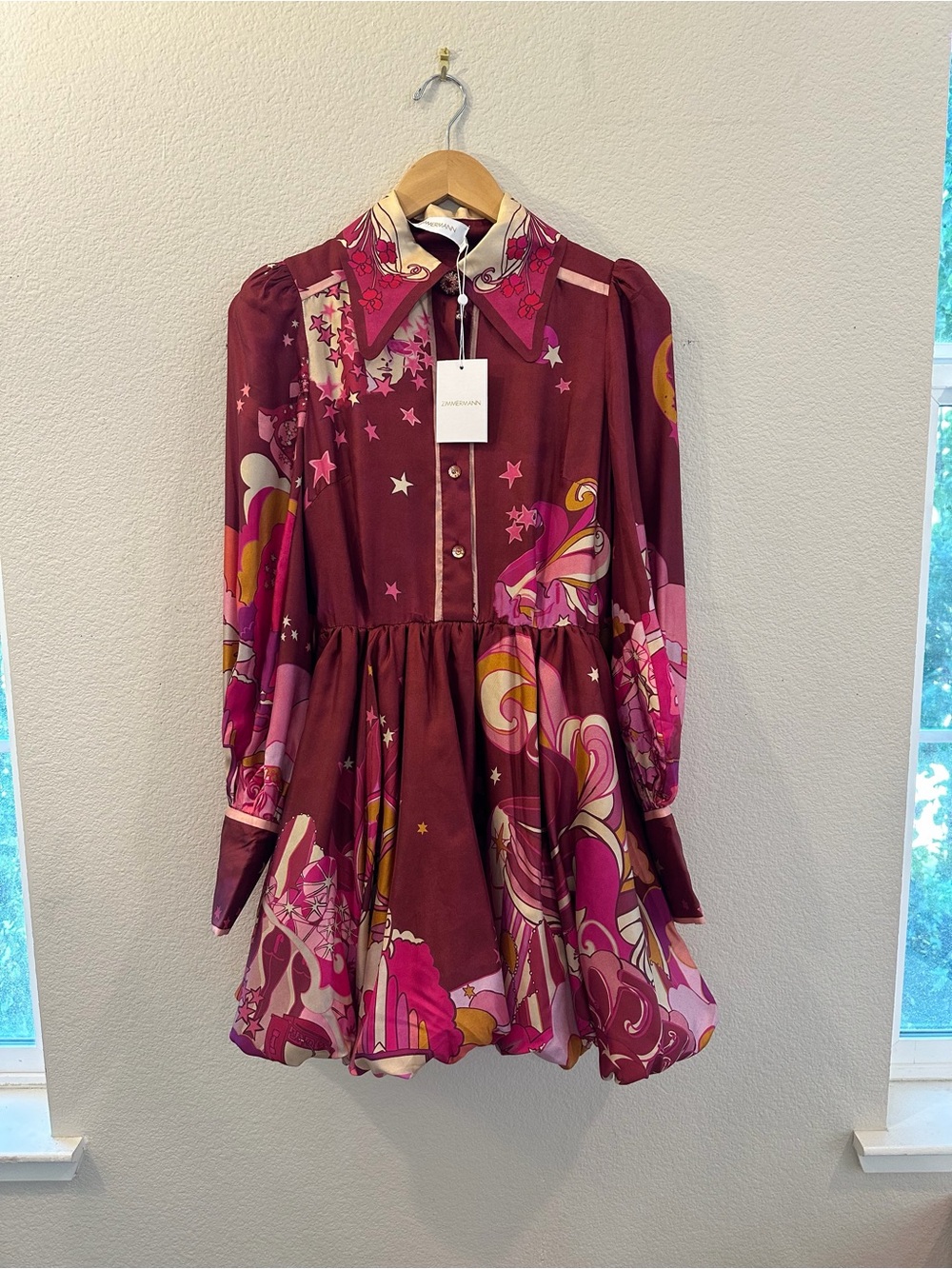 Zimmermann Burgundy and Pink Star Print Button-Front Dress
